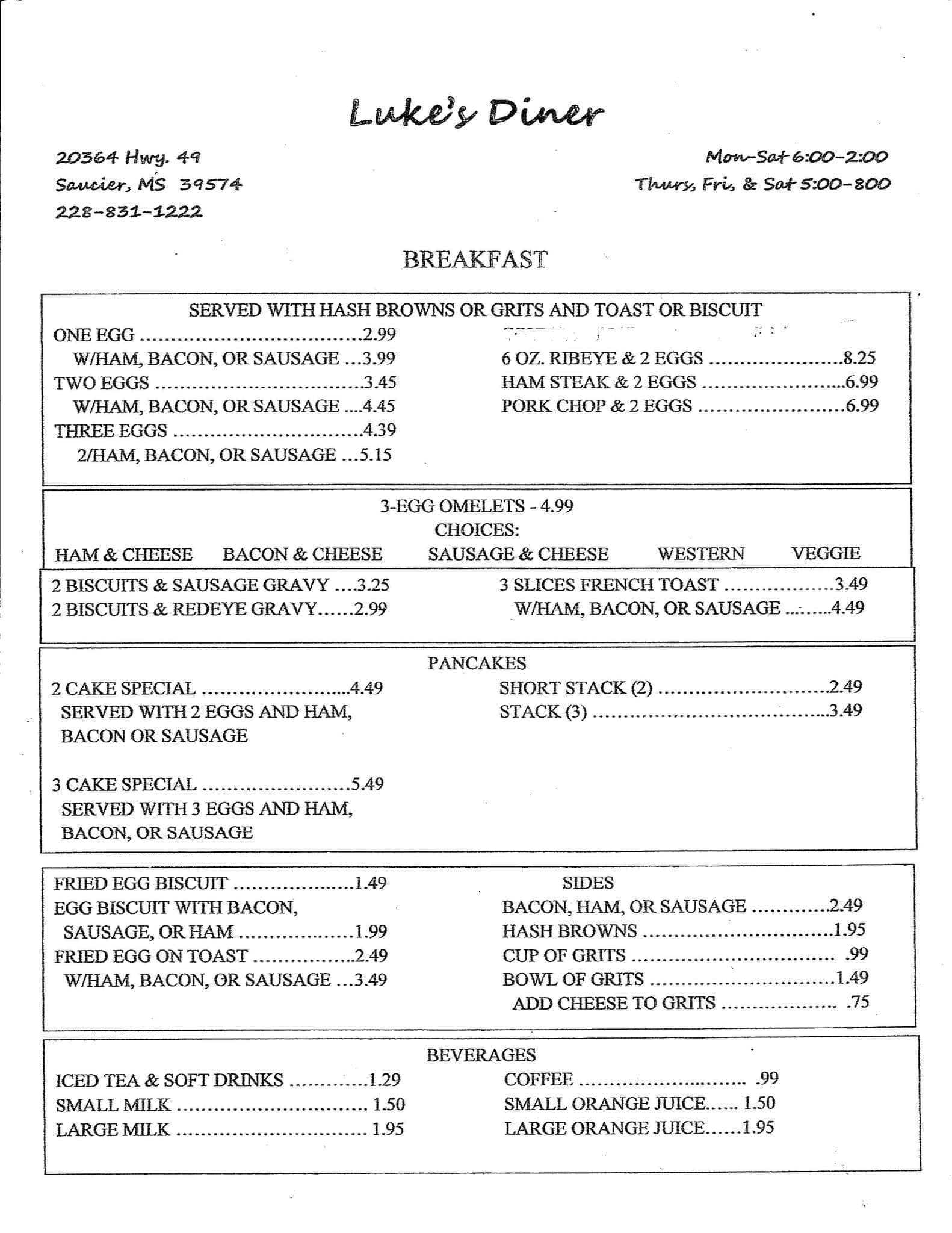 Luke's Diner Menu, Menu For Luke's Diner, Saucier, Gulfport - Zomato 