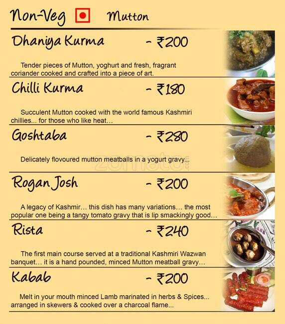 The Kashmiri Wazwan Menu, Menu for The Kashmiri Wazwan, Jayanagar