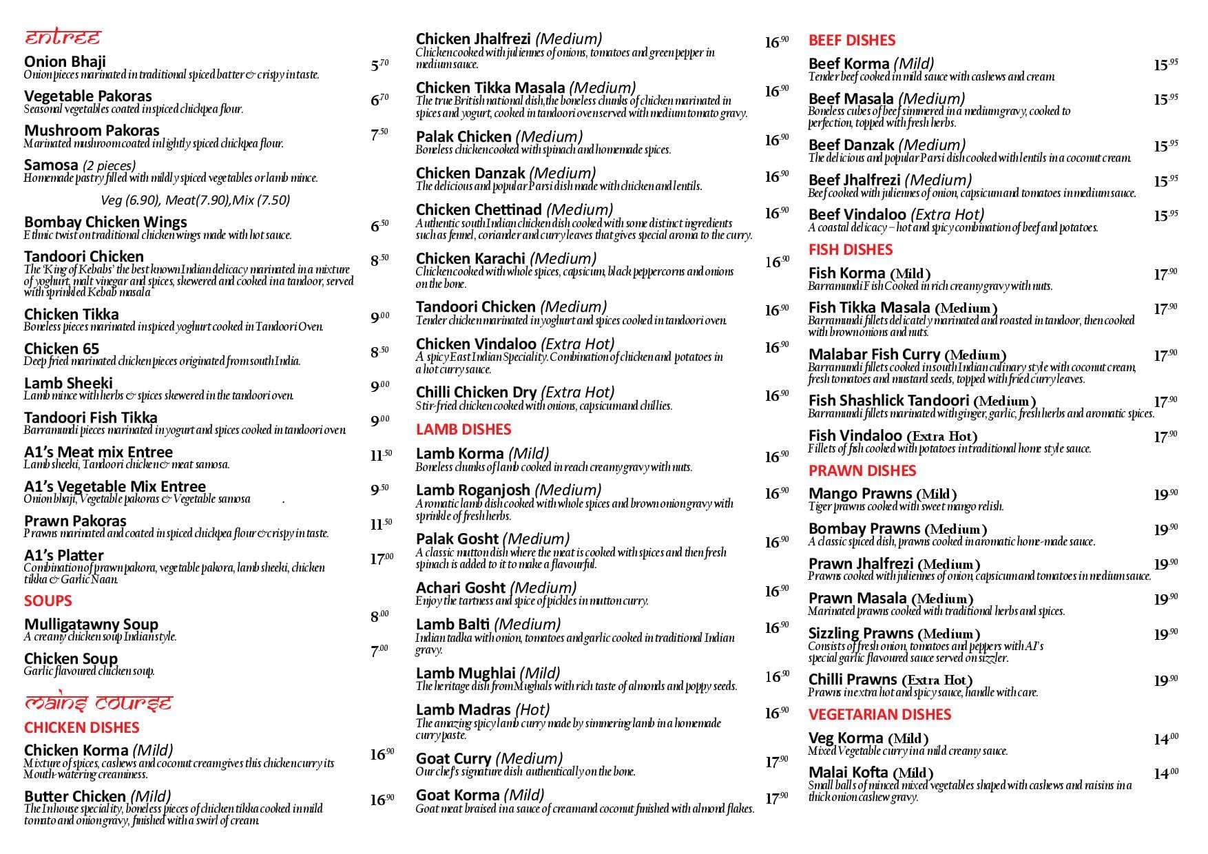 A1 Indian Restaurant Menu, Menu for A1 Indian Restaurant, Bunbury