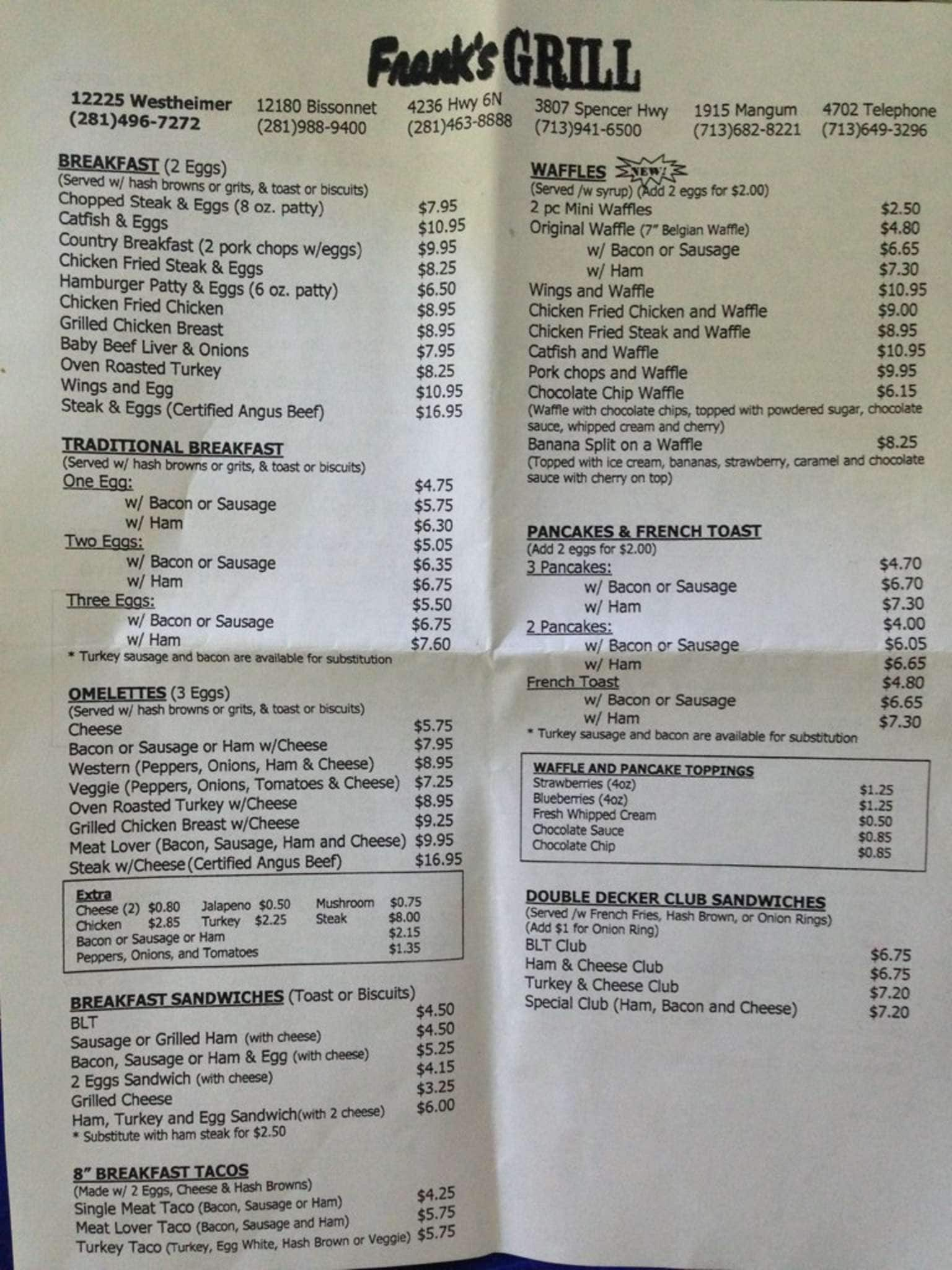 Frank's Grill Menu, Menu For Frank's Grill, Bear Creek, Houston 