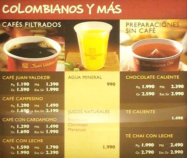 Juan Valdez Café Menu,Menú para Juan Valdez Café, Ñuñoa