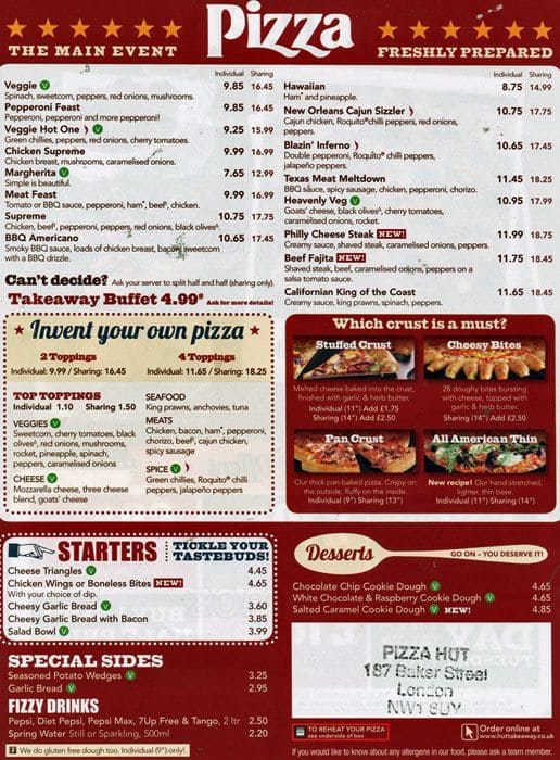 Pizza Hut Menu, Menu for Pizza Hut, Uxbridge, London Zomato UK