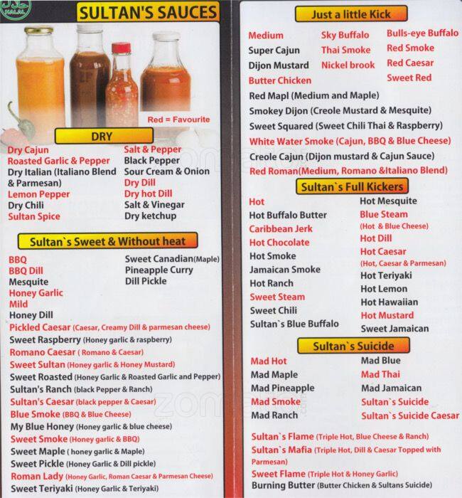 Sultan's Wings & Kabob Shop, Burlington Menu