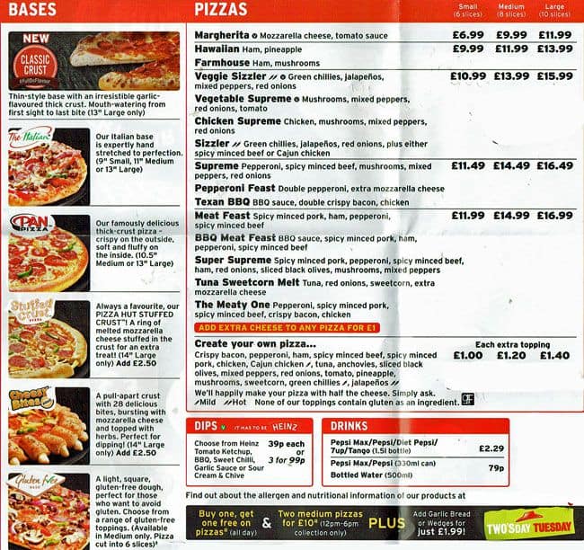 Pizza Hut Printable Menu