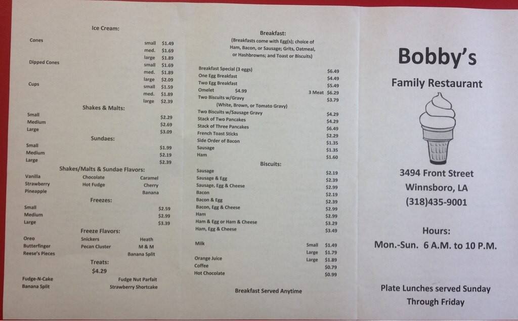 Bobby's Family Restaurant Menu Zomato United States