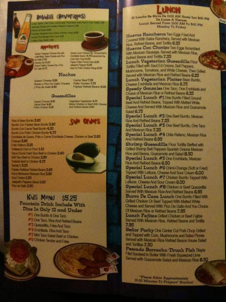 Los Aztecas Incorporated Menu, Menu for Los Aztecas Incorporated