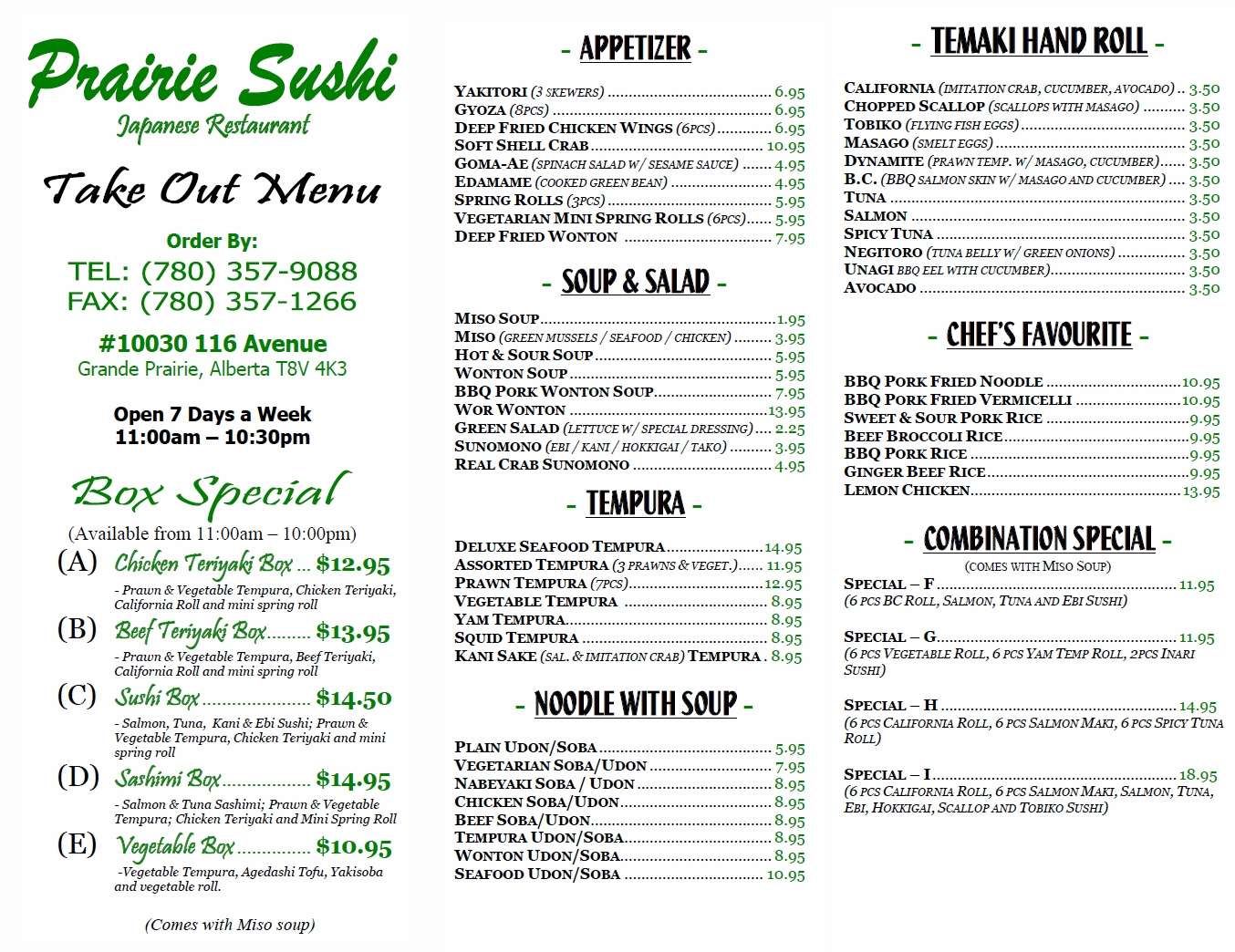 Prairie Sushi Menu, Menu for Prairie Sushi, Grande Prairie, Grande