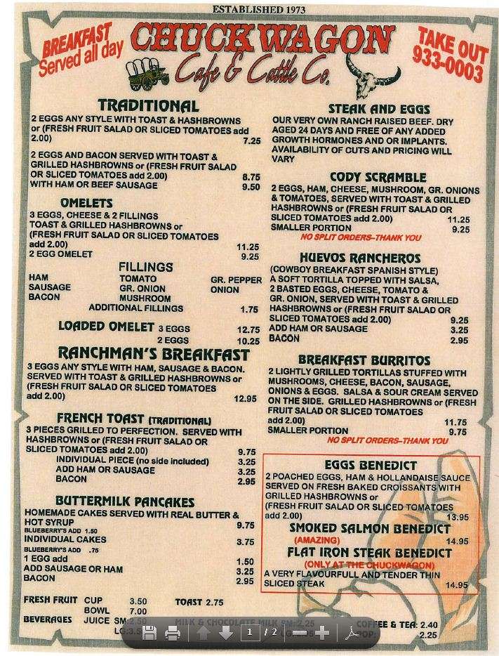 Chuckwagon Cafe Menu, Menu for Chuckwagon Cafe, Turner Valley, Turner
