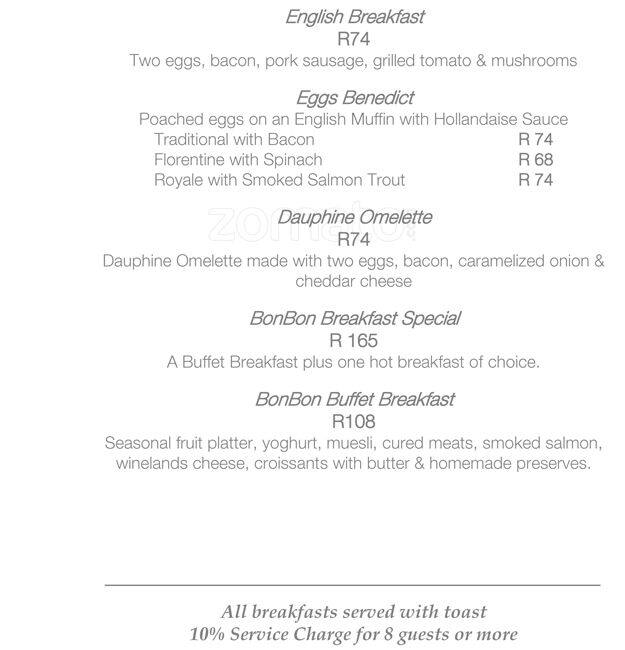 Cafe Bon Bon Menu, Menu for Cafe Bon Bon, Franschhoek