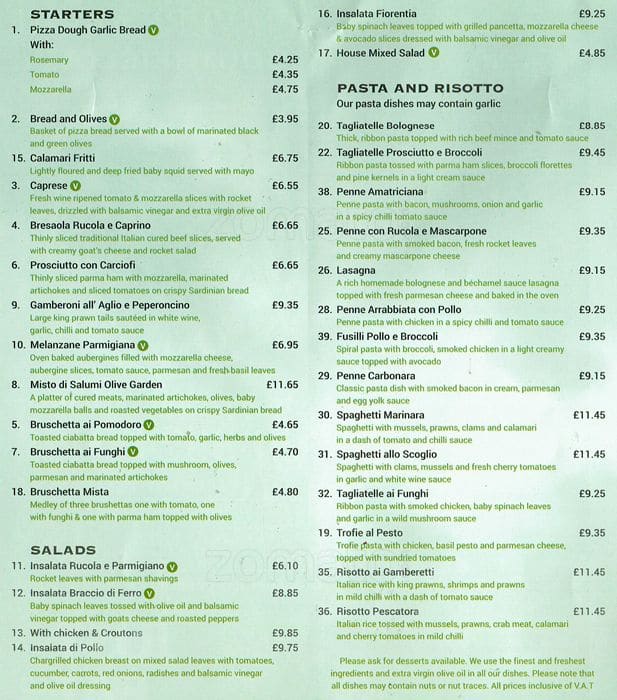 olive garden short menu and prices