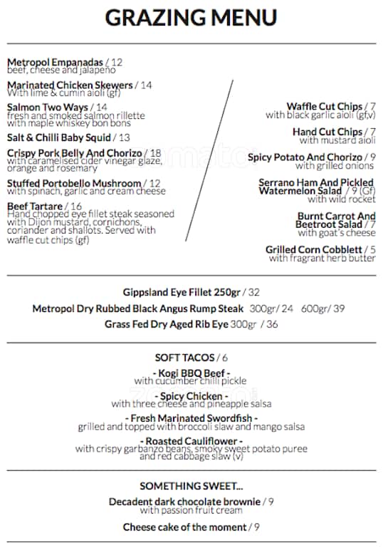 The Metropol Menu, Menu for The Metropol, St Kilda, Melbourne Zomato